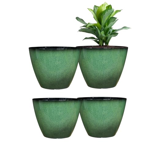 Vanslogreen 8 inch Flower Pots for Indoor Plants, 4 Pack Plastic Plant Pots for Plants with Drainage Holes, Indoor Planter for Outdoor Plants Garden Home Decor, Green - color: Green, size: 4pcs