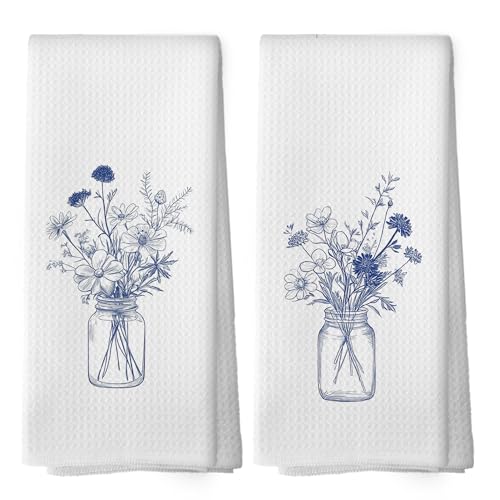Vintage Blue and White Flower Botanical Kitchen Towels Set of 2, Cornflower Modern Line Drawing Floral Bouquet Hand Towel for Kitchen Bathroom, Spring Decorative Tea Dish Towels 16x24 Inch - color: Color 02