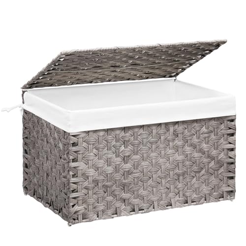 Wicker Storage Basket with Lid, 42.3 Gallon (160L) Large Blanket Basket with Lid, Woven Storage Bin with Handles, Removable Liner, Metal Frame, Foldable, for Bedroom, Laundry Room, Grey - color: Grey, size: 160L:17.7 x 29.9 x 18.1 Inches