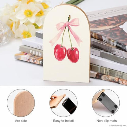 Two Red Cherries Tied with A Pink Ribbon Wooden Bookends Shelves 2 PCS Coquette Sturdy Book Holders Desktop Organizer for Home Office Libraries - color: Color-4