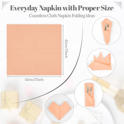 PLOYMONO Peach Cloth Napkins - 8 Pack 17" x 17" Washable Polyester Napkins | Heavy Duty 180 GSM Cloth Napkins with Hemmed Edges - Great for Restaurants, Weddings, Parties, Banquets Dinner - color: Peach