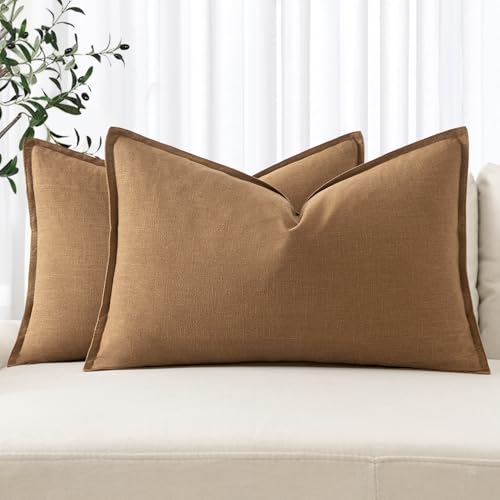 MIULEE Decorative Linen Lumbar Pillow Covers 12x20 Inch Brown | Boho Farmhouse Fall Autumn Couch Throw Pillows for Bed, Pack of 2 Accent Modern Pillowcases, Sofa Livingroom Home Decor - color: Brown, size: 20" x 12" (Pack of 2)