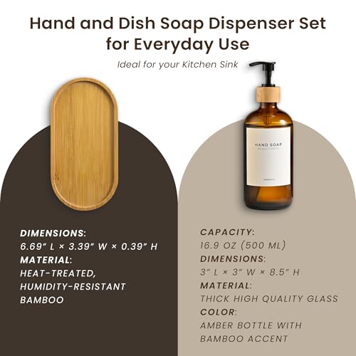 MaisoNovo Glass Dish Soap Dispenser for Kitchen Set of 2-16.9oz Amber Dish and Hand Soap Dispenser Set for Kitchen - Amber Glass Bottles x 2 with Black Bamboo Pumps & Tray - color: Amber Bottles/Black Bamboo Pumps