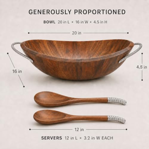 nambe Braid Salad Bowl with Servers | 3-Piece Set | Large Wooden Serving Bowl for Caesar Salad, Large Salads | Big Salad Bowl with Serving Utensils | Made of Chrome & Acacia Wood (20” L x 16” W)