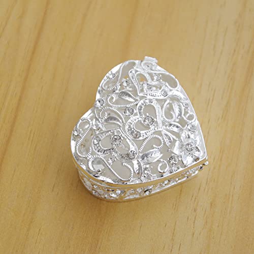 Silver Heart Jewelry Trinket Box Bejeweled Heart Box with Hollow Flower Figurines Jewelry Boxes Ring Holder - color: Silver_3