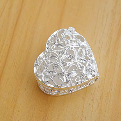 Silver Heart Jewelry Trinket Box Bejeweled Heart Box with Hollow Flower Figurines Jewelry Boxes Ring Holder - color: Silver_3