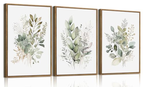Framed 3 Piece Green Botanical Wall Art Boho Floral Canvas Prints | Watercolor Plant Pictures Wall Decor Nature Greenery Paintings Artwork for Bedroom Bathroom Living Room 16x24in - color: Botanical-2, size: 16x24 Natural