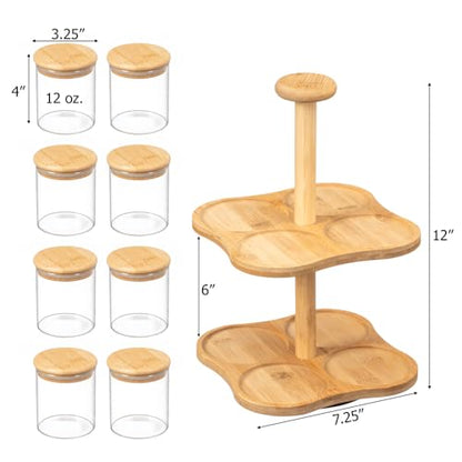 Minimalist Two-Tier Bamboo Lazy Susan Turntable with 8 Pcs 12 oz Airtight Lid Glass Jars, Versatile Spice Rack Organizer, Perfect for Kitchen Countertops, Dining Tables, and Pantry Cabinets