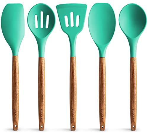 Zulay Kitchen 5 Piece Silicone Utensil Set | Non-Stick Silicone Cooking Utensils Set with Acacia Wood Handles - 464°F Heat Resistance Kitchen Utensils Set - Mint - color: Mint, size: 5-Piece Set