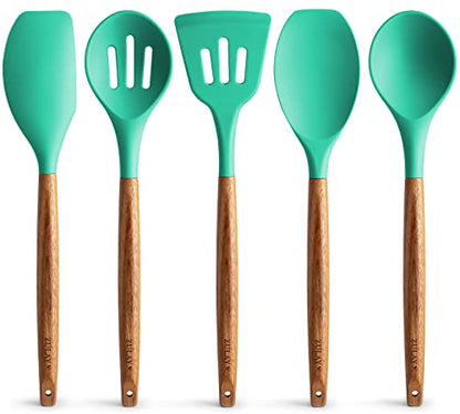 Zulay Kitchen 5 Piece Silicone Utensil Set | Non-Stick Silicone Cooking Utensils Set with Acacia Wood Handles - 464°F Heat Resistance Kitchen Utensils Set - Mint - color: Mint, size: 5-Piece Set