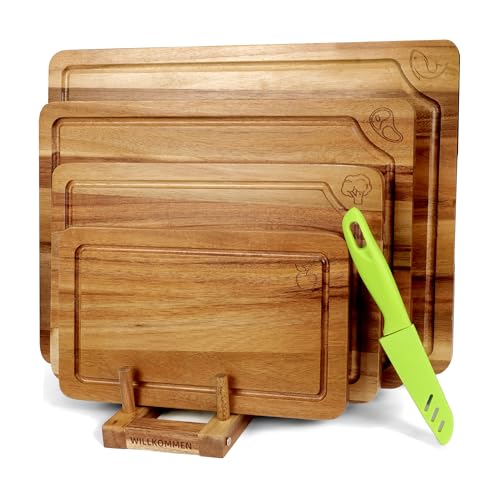 Acacia Wood Cutting Boards Set for Kitchen, 4-Piece Chopping Board Set with Food Icon (Meat, Fish, Vegetables, Fruits) Wooden Butcher Block with Stands & Juice Groove (S,M,L,XL) - color: Acacia Wood Set of 4