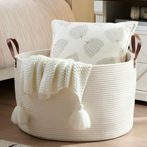 Extra Large Nursery Storage Basket, 22 x 22 x 14 inches - 100% Cotton Rope Baskets with Handles, Laundry Basket for Toys, Blankets & Pillows - Off White with Leather Handles - color: White