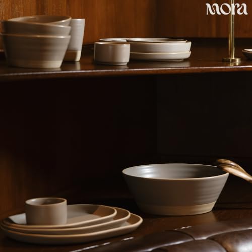 Mora Giant Salad Bowl Set with Wood Salad Servers, 4 qt Large Ceramic Serving Bowl for Salad, Pasta & Fruit, Microwave, Oven and Dishwasher Safe - Dusk - color: Dusk