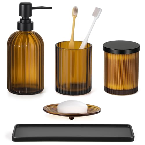 Shinowa Glass Bathroom Accessories Set, 5 Piece Luxury Bathroom Sets | Modern Vanity Countertop Organizer with Soap Dispenser, Toothbrush Holder, Q-Tips Holder, Soap Dish, Ceramic Tray,Brown+Black - color: Brown + Black