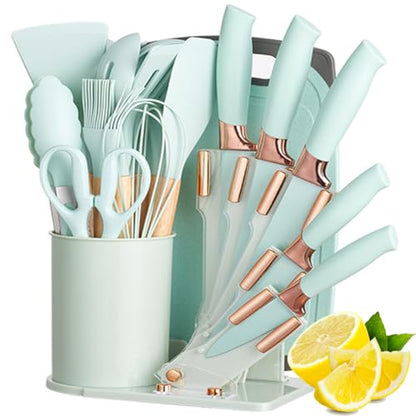Kitchen Cooking Utensils and Knife Set with Block, 19 Pieces Cooks Cutting Set 11 Silicone Utensils Tool 5 Pcs Sharp Stainless Steel Chef Knives Scissors Whisk Tongs and Cutting Board (Light Green) - color: Light Green