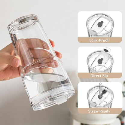 INSETLAN 20 oz Clear Glass Cup with Lid and Glass Straw, Set of 6 Thickened Glass Coffee Tumblers, Drinking Glasses with Straw for Smoothie, Tea, Milk, Whiskey, Water and More – Elegant & Durable - color: 20 oz - 6 Pcs