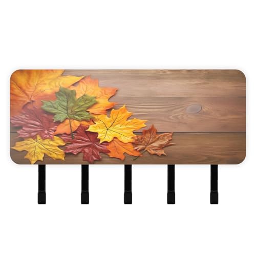 Burbuja Maple Leaves on Wood Key Holder with 5 Key Hooks, Self Adhesive Wall Mounted Key Racks Mail Storage Organizer for Entryway, Home Decor