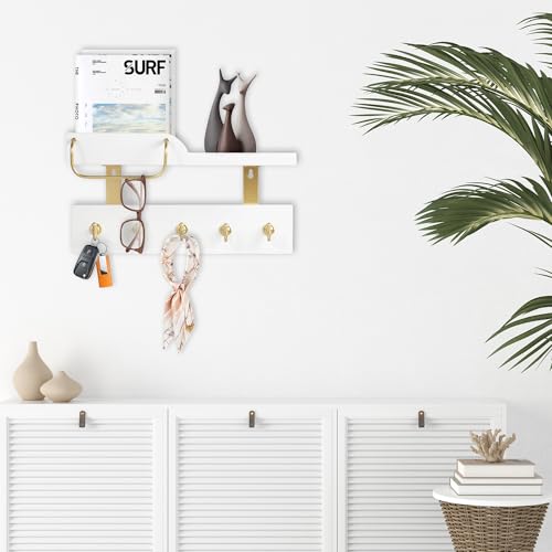Tirzah Key Holder Wall Mount 2-Tier Real Wood White Entryway Organizer Floating Shelf with 5 Gold Metal Hooks, Sunglasses Holder Bar, Guard Rail for Keys, Mails, Hats (14" × 6" × 4")