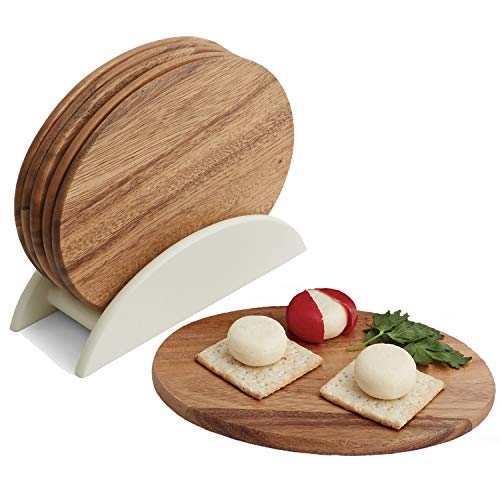 Woodard & Charles 6 Acacia Wood Serving Boards w/White Stand, 7 Piece Set | 9.5" x 6.5" Wood Serving Boards on a Stand; Serve Sushi, Cheese, Charcuterie, Appetizers and Small Bites for Any Party - color: White, size: 7 Piece Set