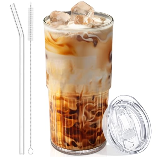 Luiaiog 18.5oz Glass Cups with Lids and Straws – Single Reusable Tumbler, Thickened Shatter-Resistant Glass, Ideal for Iced Coffee, Smoothies, Cocktails, Juices – Elegant & Durable Drinkware - color: Clear 1pc 18.5oz