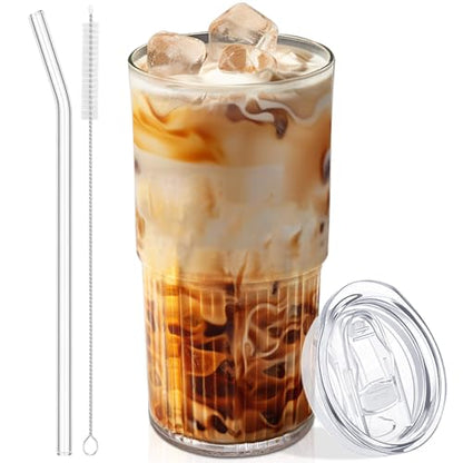 Luiaiog 18.5oz Glass Cups with Lids and Straws – Single Reusable Tumbler, Thickened Shatter-Resistant Glass, Ideal for Iced Coffee, Smoothies, Cocktails, Juices – Elegant & Durable Drinkware - color: Clear 1pc 18.5oz