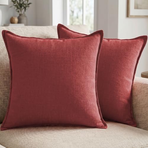 Cotton Linen Throw Pillow Covers 20x20 Inch Red Set of 2 | Breathable Decorative Cushion Cases with Invisible Zipper - for Boho Farmhouse Decor in Living Room Sofa Couch Bed and Patio - color: Red, size: 20" x 20" (Pack of 2)