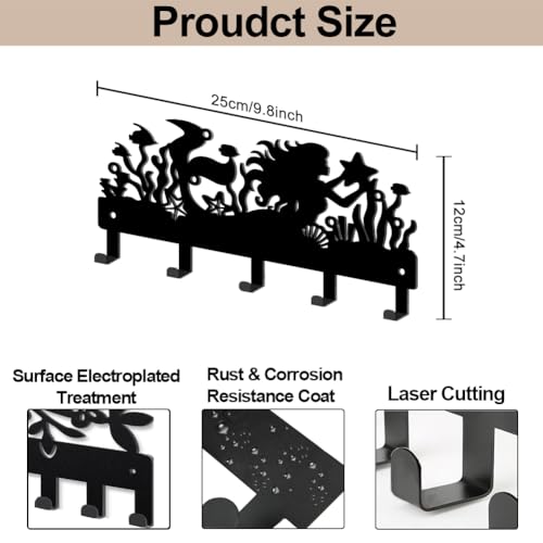 MAYJOYDIY Ocean Mermaid Shell Metal Key Hook 9.8×4.7inch Water Plants Starfish Bubbles Coat Rack Wall Mounted Black Art Key Holder with 5 Hooks for Gift Kitchen Bathroom Home Decor - style: Ocean Mermaid Shell