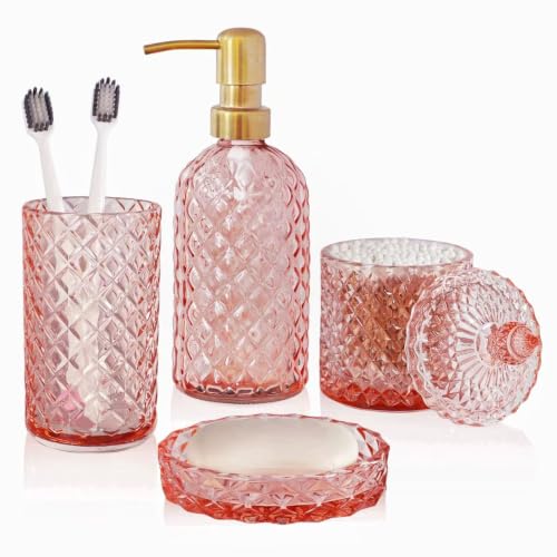 LaMarriti Pink Bathroom Accessories Set, 4Pcs Clear Glass Bathroom Set | Soap Dispenser and Toothbrush Holder Set, Soap Dish, Q-tips Holder for Crystal Glass Vintage Bathroom Decor, Gift Set - style: Pink