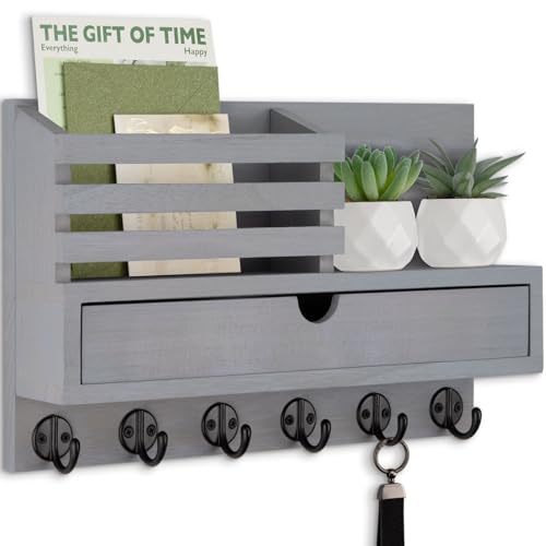 Key Holder Wall Mount, Mail Holder with Storage Drawer and 6 Key Hooks for Coat, Dog Leash, Home Decor Rack, House Accessories, Entry Way Organizer - color: Gray, size: Large - 13.8 Inch