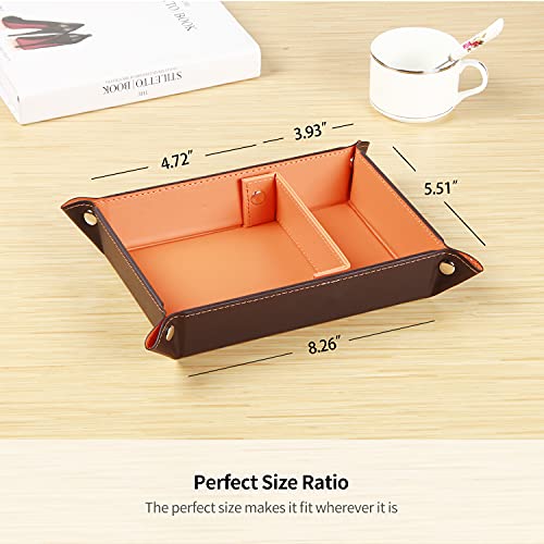 Valet Tray for Men Leather Big Entryway Key Dish Bedside Catchall Bowl 2 Dividers Travel Nightstand Organizer Caddy for Wallet Coins Dice Watch Candy, Sundries Holder for Beside Table (Orange) | Large Jewelry Vanity Tray for Keys,Coins,Wallet,Watch,Phone,