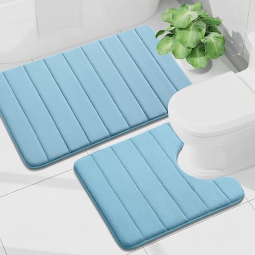 Buganda Memory Foam U-Shaped Toilet Rug Bath Mat Sets 2 Piece, 36x24+24x20 | Blue, Bathroom Mat and Contoured Toilet Rug, Machine Wash Dry, Soft Absorbent Bath Rug for Bathroom, Shower and Tub - color: Blue, size: 36" X 24"+24" X 20"