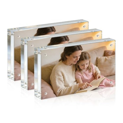 Acrylic Frame, 4x6 Picture Frame 3 Pack, 20MM Thicker Block, Double Sided Magnetic Clear Freestanding Photo Frame for Desk or Tabletop Display - size: 4x6" 3pack