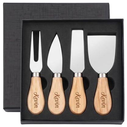 EDSG Personalized 4Pcs Cheese Knife Set, Stainless Steel Cheese Knives Set with Wooden Handle, Gifts for Birthday, Christmas, Wedding, House Warming, Charcuterie Accessories (Design 4) - color: Design 4