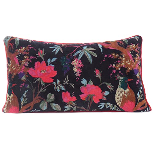 Boho Velvet Bird Print Lumbar Throw Pillow Cover, Bohemian Colorful Decorative Floral Rectangle Cushion Case for Sofa Couch Bed Living Room, 12x20 inch (30x50 cm), Black - color: Black, size: 20" x 12" (Pack of 1)