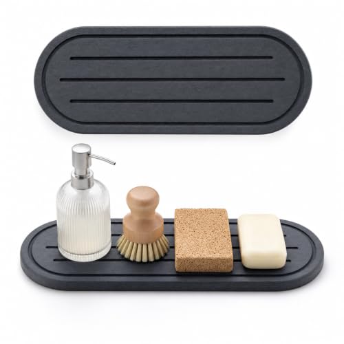2PCS Water Absorbing Stone Drying Tray Mat for Bathroom Sink & Kitchen Counter Faucet Organizer Decor, Quick Dry Dish Soap Dispenser Sponge Holder, Vanity Caddy Coaster,Dark Gray -10"*3.8" - color: 2pack-10"x 3.8" - Dark Gray