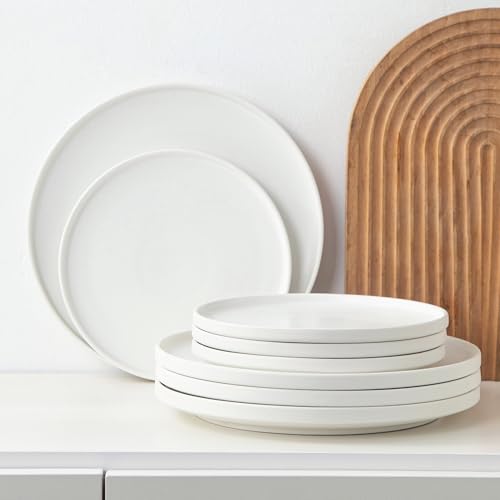 Ceramic Salad & Dessert Plates Set, 8 Inch, Set of 4, Modern White | Stoneware, Dishwasher & Microwave Safe, Small Dinner Plates, For Cake, Fruits, Waffle, Pasta, Salad - color: White, size: Salad Plates Set (4PCS)