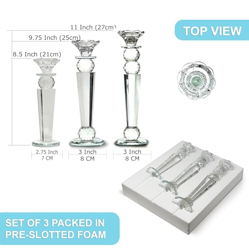 Allgala Set of 3 Crystal Glass Made Reverse Tapered Pillar and Hand Crafted Ball Candlesticks - 8.5,10,11 Inches -HD89154 - size: 3 PC (8.5", 10", 11")
