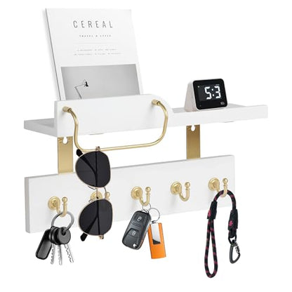 Tirzah Key Holder Wall Mount 2-Tier Real Wood White Entryway Organizer Floating Shelf with 5 Gold Metal Hooks, Sunglasses Holder Bar, Guard Rail for Keys, Mails, Hats (14" × 6" × 4")