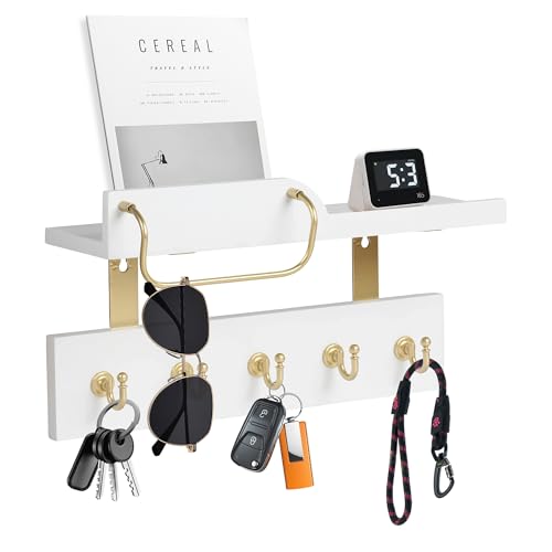 Tirzah Key Holder Wall Mount 2-Tier Real Wood White Entryway Organizer Floating Shelf with 5 Gold Metal Hooks, Sunglasses Holder Bar, Guard Rail for Keys, Mails, Hats (14" × 6" × 4")