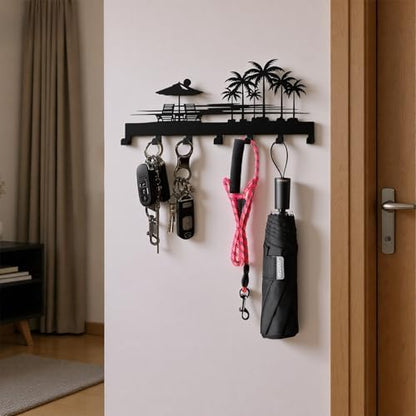 Tropical Style Key Holder Wall Mount with 7 Hooks, Key Hanger Organizer for Front Door, Hallway, Entryway & Office Decor, Featuring Sunset and Coconut Tree Design