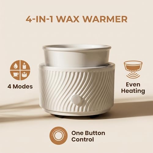 ASAWASA Ceramic Candle Warmer and Wax Melt Warmer with 1 PC Silicone Liner | 4-in-1 Electric Warmer, For Jar Candle Wax Cube Essential Oil Coffee, Ideal Gift for Home Office Kitchen - color: White Bend