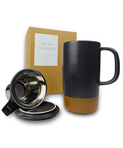 Mora Ceramics Large Tea Mug with Loose Leaf Infuser and Ceramic Lid, 18 oz, Portable, Microwave, Dishwasher Safe, Tall Coffee Cup - Rustic Matte Ceramic Glaze, Modern Herbal Tea Strainer, Nightwaves - color: Nightwaves