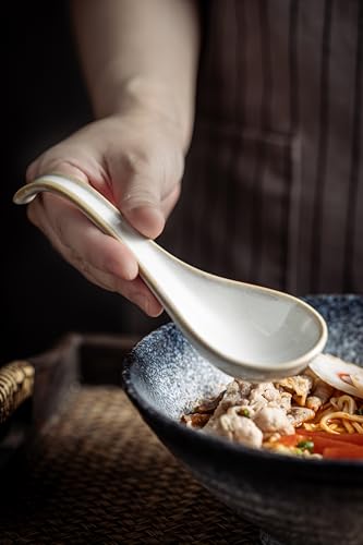 LYEOBOH Asian Soup Spoons, 6.5 inch Ceramic Soup Spoon Set of 6, Dinner Spoons with Deep Hook for Home, Kitchen, Dishwasher & Microwave Safe, Farmhouse Style, Beige - color: Beige