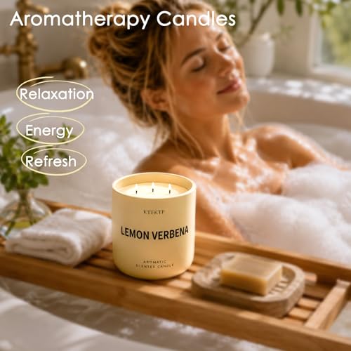 Lemon Verbena Candle, 14.1oz Large 3-Wick Soy Wax Candle, Up to 80 Hours Burn Time, Non-Toxic Aromatherapy Jar Candle with Essential Oils, Citrus Scented Candle for Home