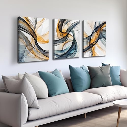 Blue Yellow and White Wall Decorations for Dining Room 3 Piece Wall Art for Kitchen Abstract Wall Art for Bathroom Size 16 x 24 Inch - color: Blue Yellow and White, size: 24"L x 16"W x 3PCS