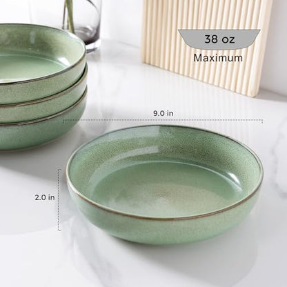GBhome 8.75'' Large Ceramic Pasta Bowls, 38oz Stoneware Pasta Serving Bowls Set of 4 for Kitchen, Wide Bowls for Fruit,Pasta,Salad,Oatmeal,Meal, Microwave Safe, Reactive Glaze-Pastel Green - color: Pastel Green