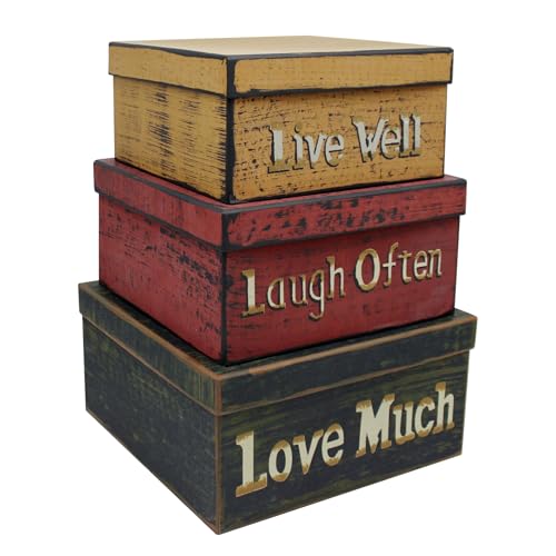 Primitive Vintage Square “Live Well, Laugh Often, Love Much” Cardboard Nesting Boxes, Large 11 X 11 X 5-1/2 Inch. Set of 3. - color: Live Well, Laugh Often, Love Much, size: 11" X 11" X 5-1/2"H