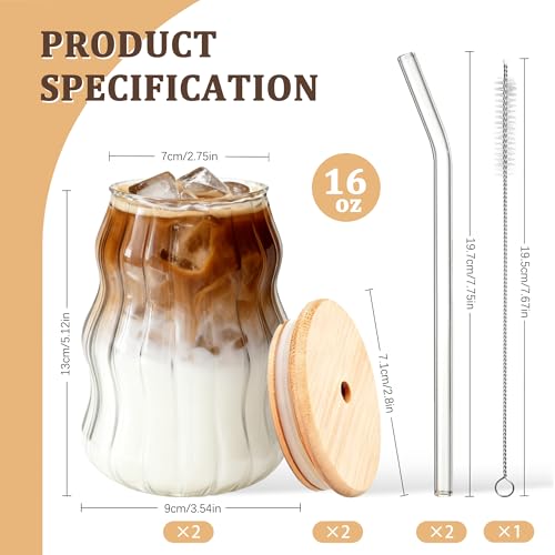 2 Packs Cute Glass Tumbler with Lid and Straw 16 oz Ice Coffee Cup Set for Smoothie Slushie Juice Matcha Tea Latte Cappuccino Espresso Hot Coffe Water Reusable Clear Travel Boba Aesthetic Drinking Mug - color: Cloud stripe-2 Pcs