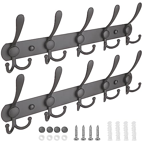 TICONN Wall Mounted Coat Rack, Five Heavy Duty Tri Hooks All Metal Construction for Jacket Coat Hat in Mudroom Entryway (Space Gray, 2-Pack) - color: Space Gray