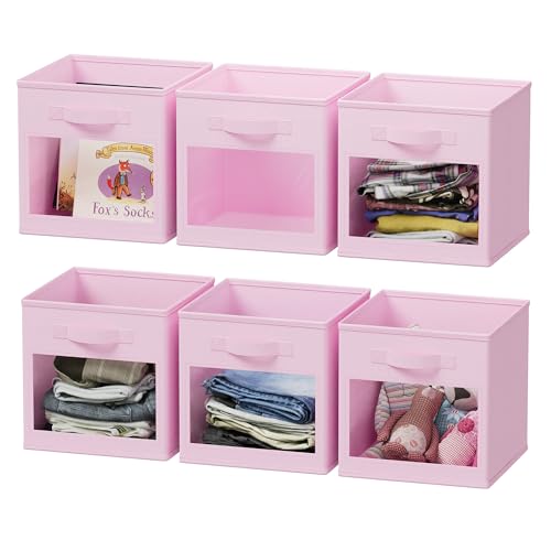 SpaceAid Storage Cubes with Clear Windows, Set of 6 Fabric Bins, 11 Inch Foldable Baskets Boxes for Closet, Cubby Shelf or Cube Storage Organizer, Pink - color: Pink